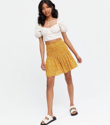 Mustard Floral Shirred Mini Skirt | New ...